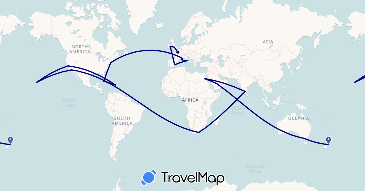 TravelMap itinerary: driving in Australia, Cuba, Dominican Republic, Egypt, Spain, France, United Kingdom, Ireland, India, Italy, New Zealand, Saudi Arabia, United States, South Africa (Africa, Asia, Europe, North America, Oceania)